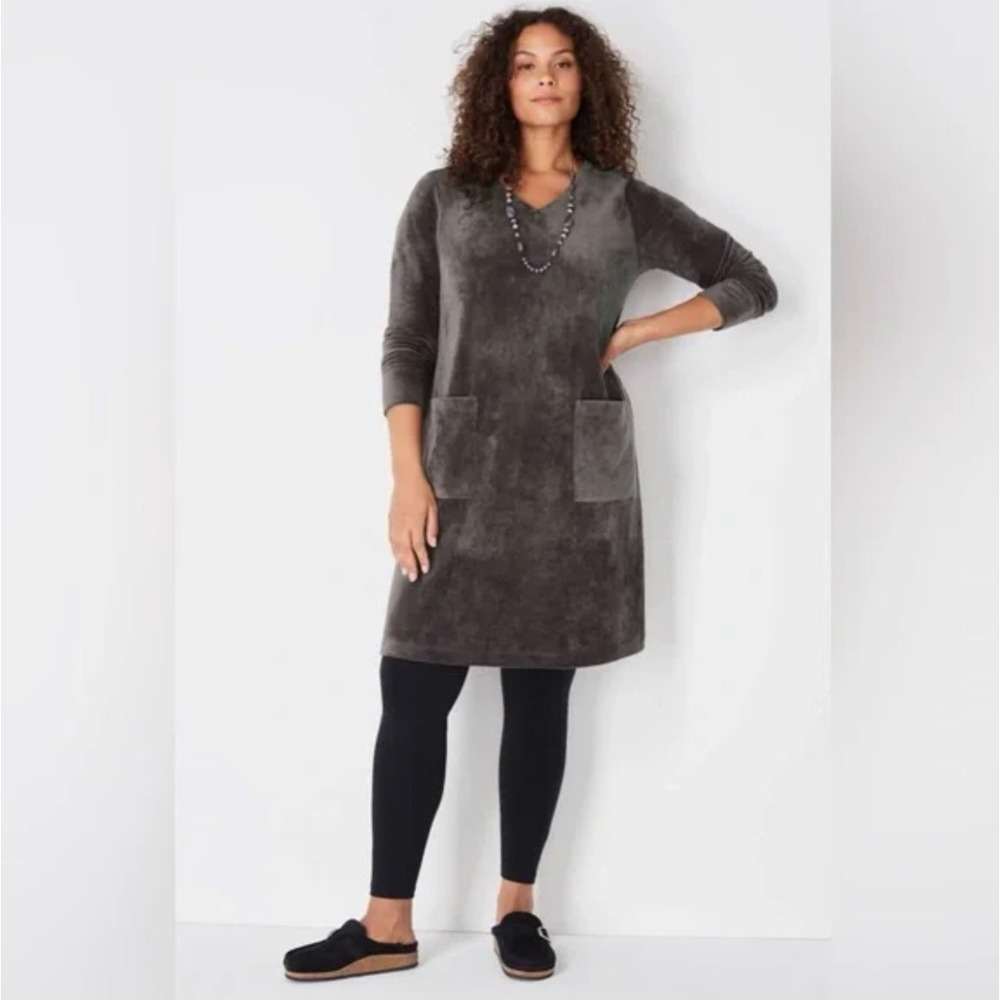 J Jill PureJill Velvet V-Neck Tunic Dress Medium Gray Long Sleeve Pockets Velour